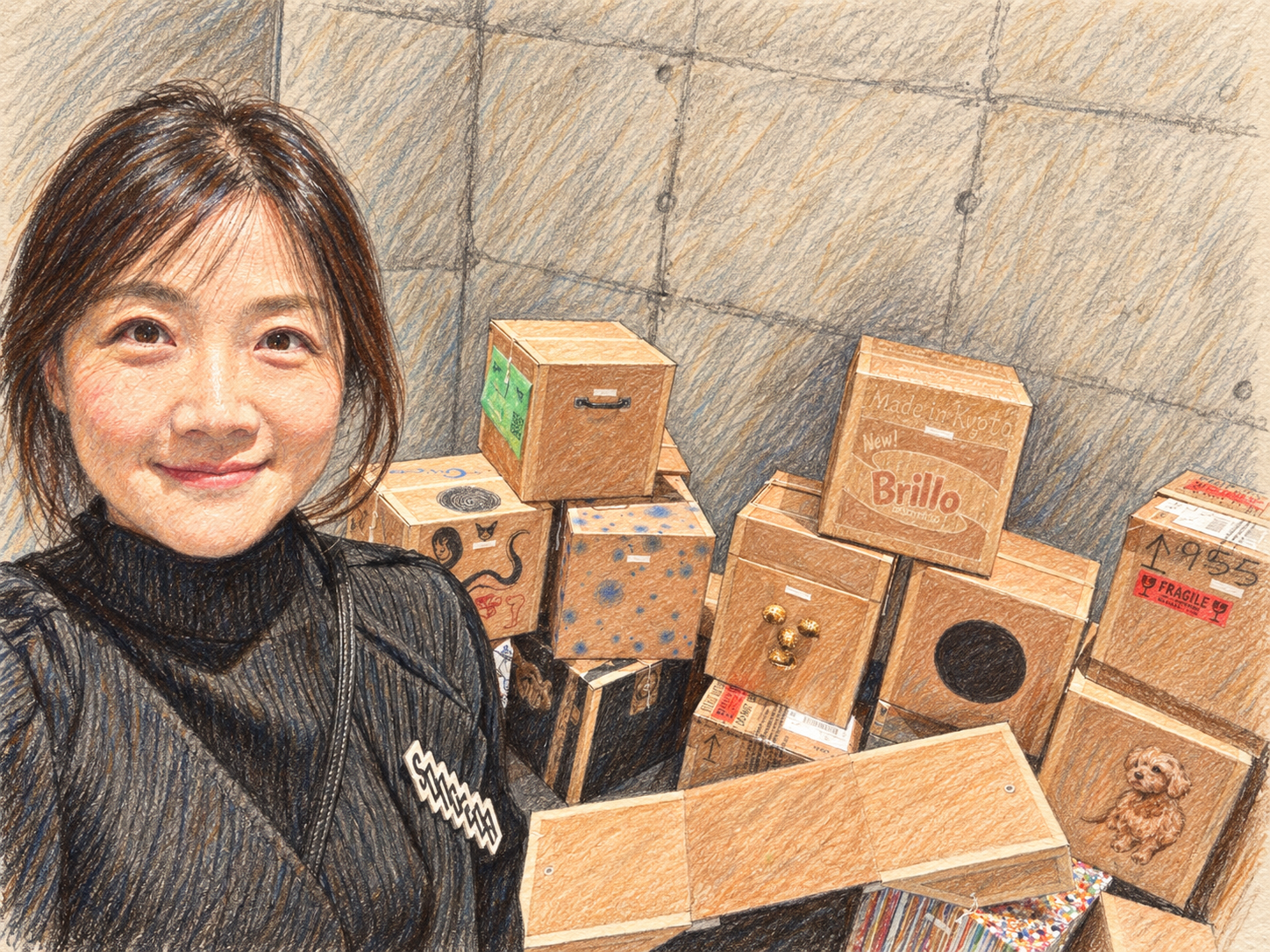 전시 공간에서의 Cookibird를 표현한 색연필 드로잉